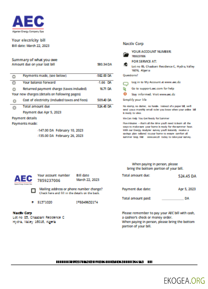 AEC Algérien Energy Company facture commerciale de services publics, SCR